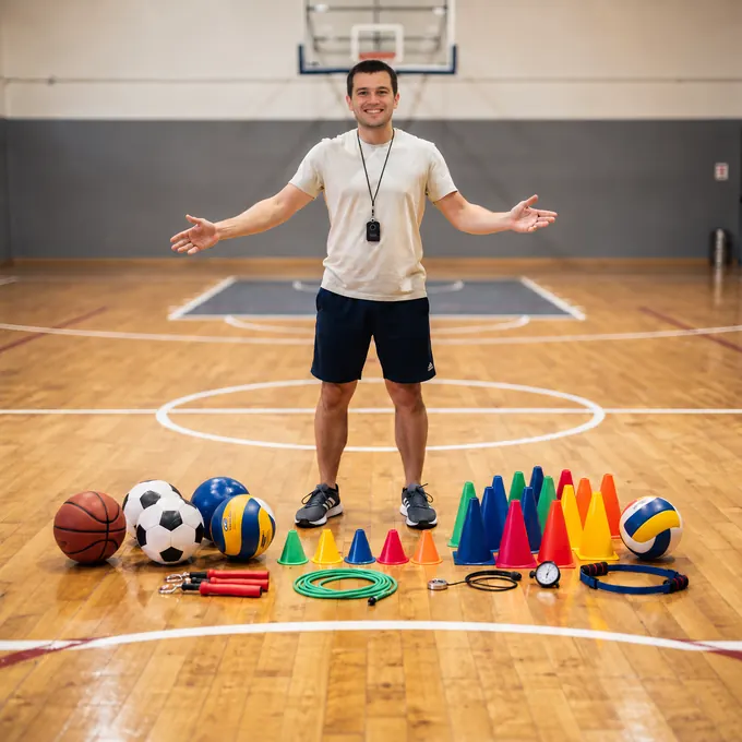 Professor responsável pelo Kit Escolinha de Futebol, em uma quadra com bolas e cones